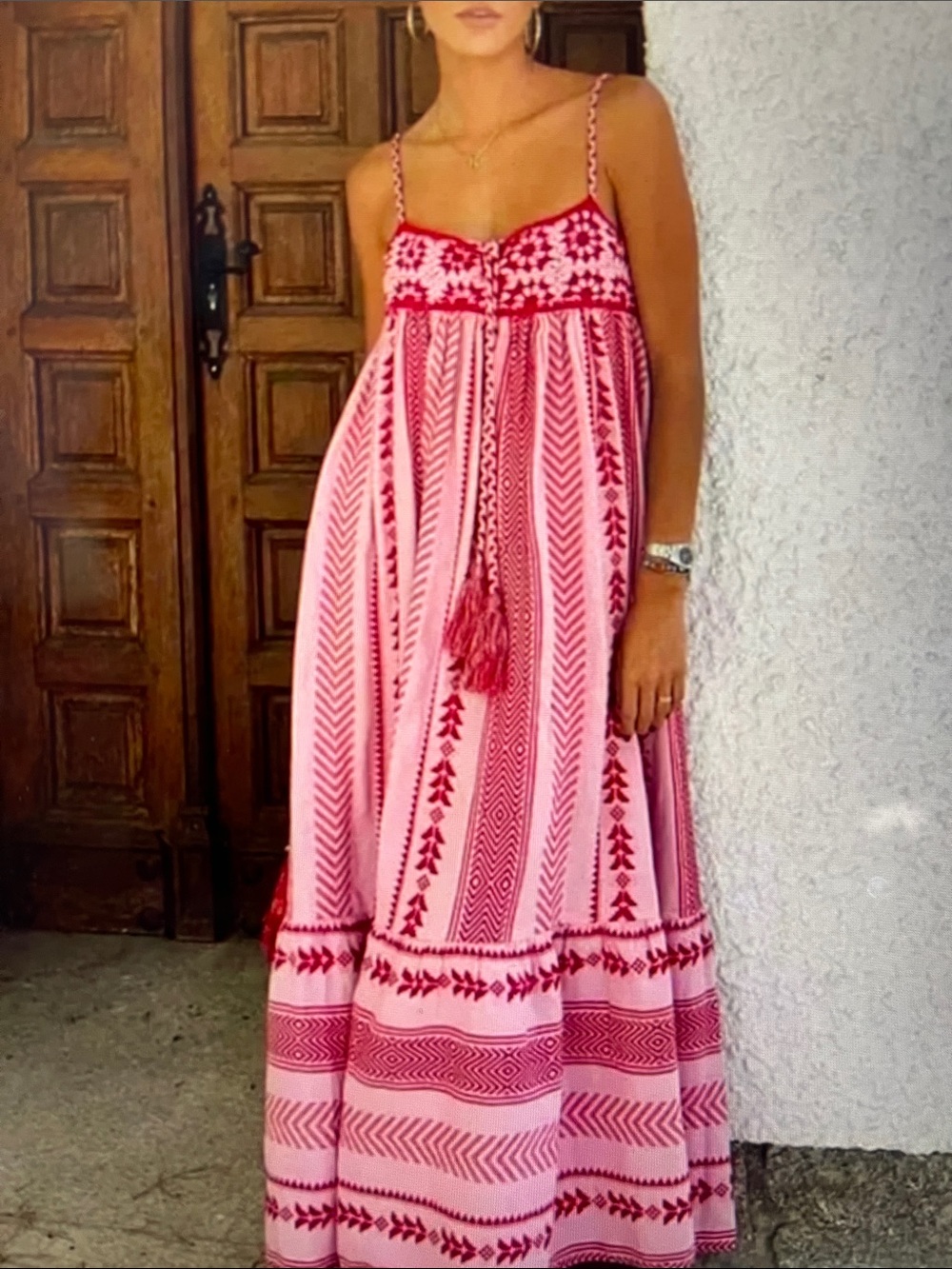 NWOT Pink & Red Maxi Dress w/Crocheted Top